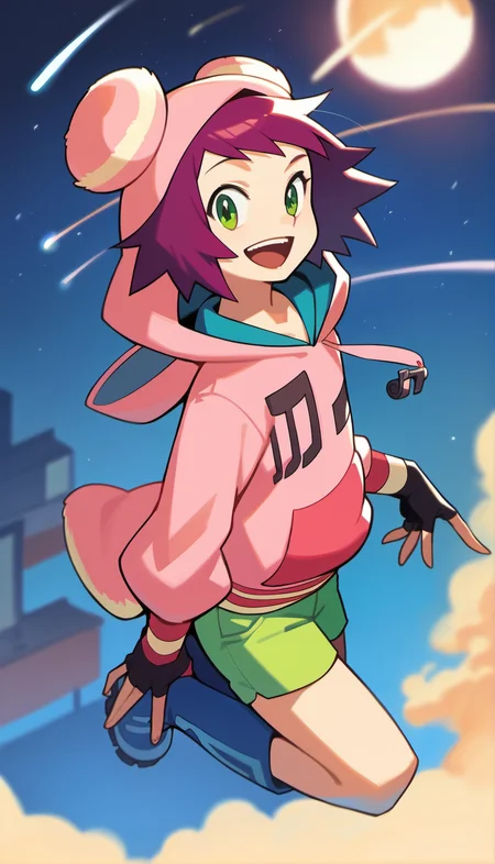 score_9,score_8_up,score_7_up,
<lora:soniastrumm:0.8>,
misorahibiki,
realistic,highres,
1girl,solo,
purple hair,short hair,bangs,
green eyes,looking at viewer,
open smile,
bear ears hooded hat,pink sweatshirt,a musical note printed on the hoodie,
long fingerless gloves,
green shorts,
blue boots,
full body,in air,above,
blurry background,outdoors,night,starry background,shooting star,starry night,bloom,light particles,lens flare,cloud,lens flare abuse,planet,cityscape,