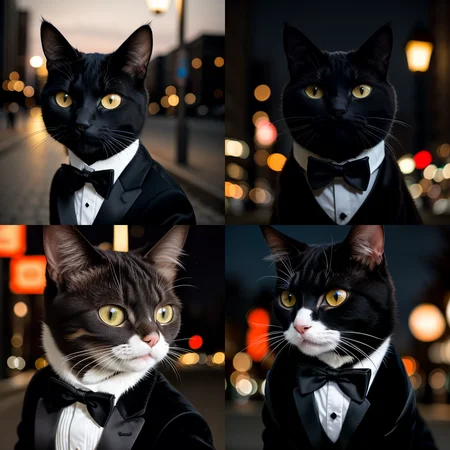 RAW photo, absurdres, high quality, photorealistic, detailed, realistic,
a full shot portrait of an evil cat wearing a (tuxedo:1.2),
outdoors, street lights, night, harsh lighting, magical photography, dramatic lighting, photo realism, ultra-detailed, 35mm, f/2.8, 8k uhd, dslr, film grain,
