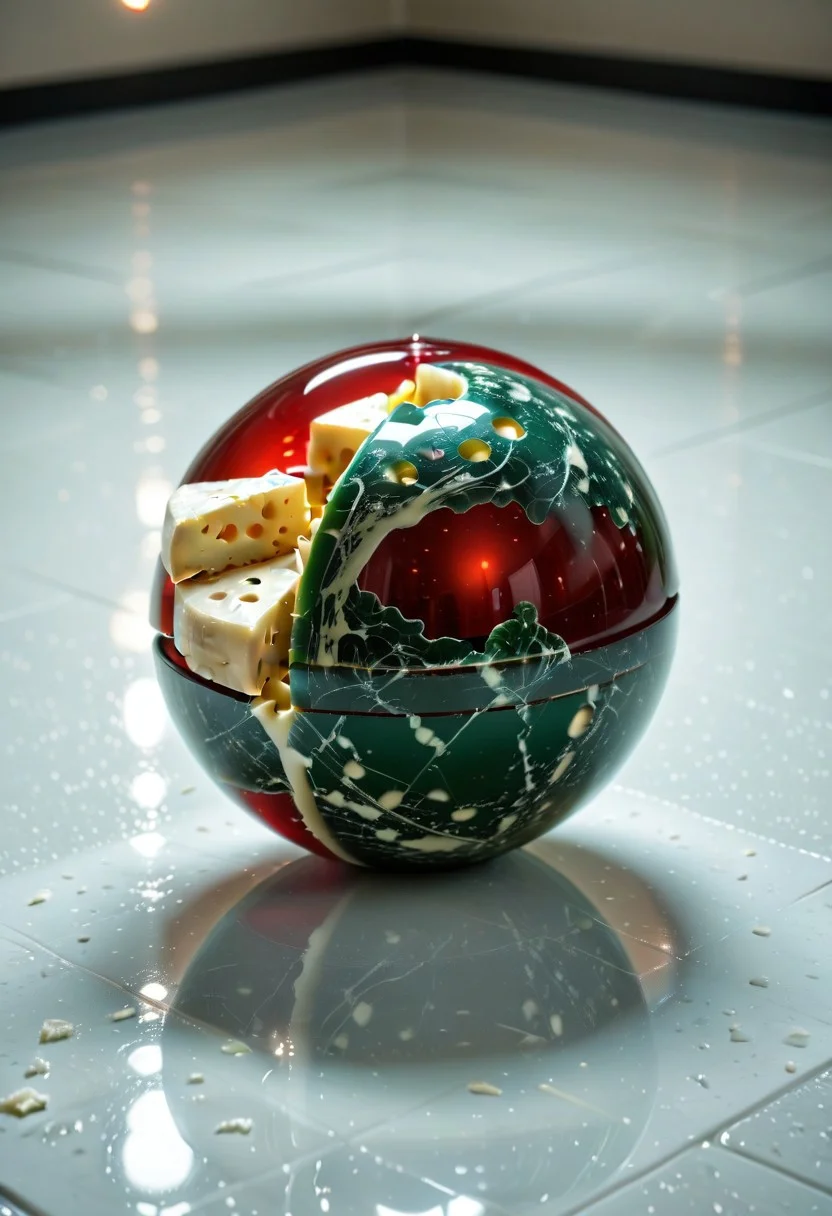 lazypos, Cheese style, (red and green sphere:1.3) made of cheese, reflective white floor,