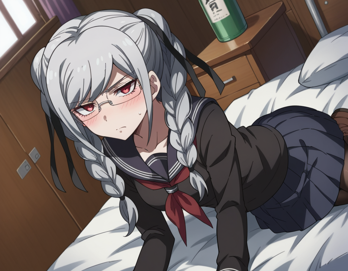 score_9, score_8_up, score_7_up, source_anime,
pekopekoyama, <lora:peko-pekoyama-s2-ponyxl-lora-nochekaiser:1>,
peko pekoyama, braid, long hair, red eyes, twin braids, glasses, white hair,
black pantyhose, black shirt, brown footwear, collarbone, pantyhose, pleated skirt, school uniform, serafuku, shirt, shoes, skirt,
indoors, bed, bed room, on side, blush, drunk,
looking at viewer, cowboy shot, dutch angle, solo,