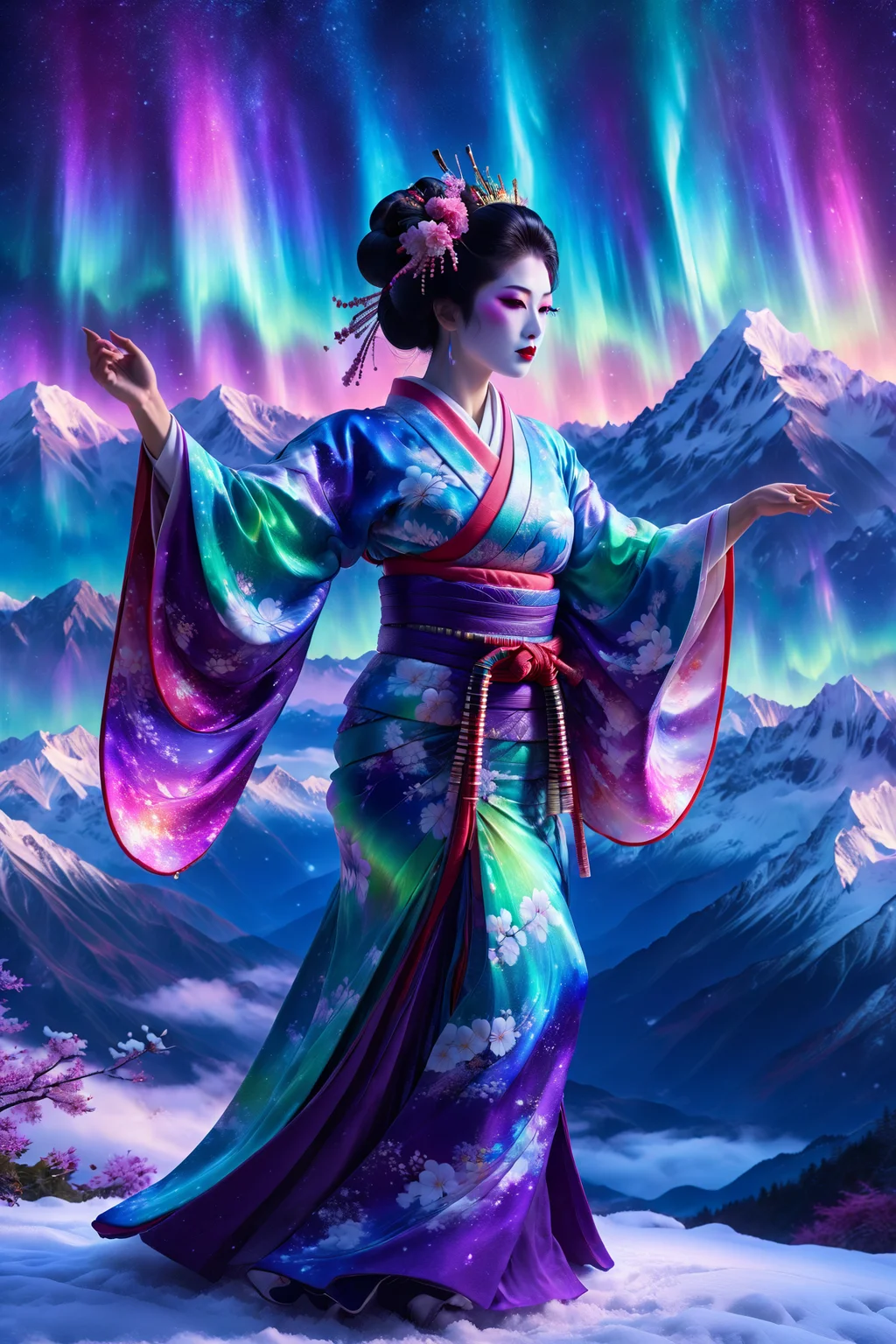dancing geisha with glowing kimono, morph-aurora, mountain summit with snowy peaks, detailed background, best quality, vibrant colors, photorealistic style, high detail, hyper-realistic, highres, 4K resolution, realistic photo, masterpiece, ultra-detailed, luminous sky, purples and blues, radiant shine, close-up shot, <lora:add-detail-xl:1> <lora:aurora_0_100_V1-000009:0.65>