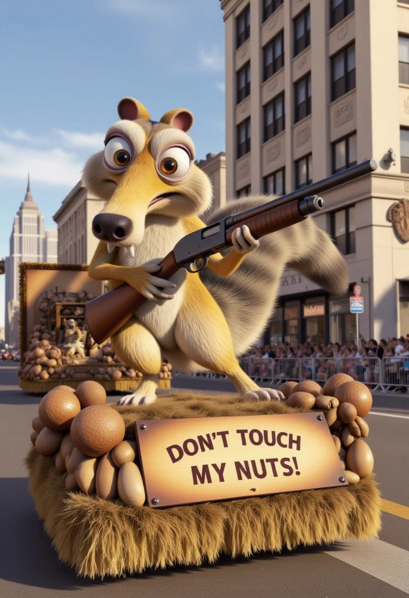 Realistic photograph capturing a vibrant, detailed (Scrat, Holding a shotgun) themed parade float including banner with text "(DON'T TOUCH MY NUTS!)"