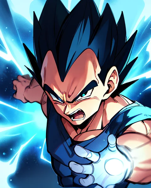 masterpiece, best quality, absurdres, wallpaper, detailed face, detailed eyes, Vegeta, SSJGSS, Blue hair, super Sayian blue, rage, anger, transforming, energy, crisp,<lora:Vegeta:0.4>