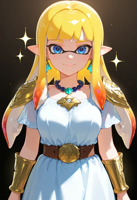 masterpiece, best quality,absurdres, ultra-detailed, high resolution,
inkling, 1girl, jewelry, pointy ears, solo, cosplay, smile, long hair, blonde hair, necklace, blue eyes, triforce, dress, earrings, looking at viewer, sparkle, bangs, short sleeves, shoulder armor, gem, closed mouth, bracer, bead necklace, belt, armor