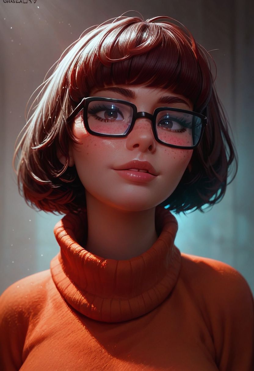 score_9, score_8_up, score_8. score_9, score_8_up, score_7_up, score_6_up, masterpiece, 4k, high quality
1girl, 25 year old beautiful Velma(from scooby doo), thick black lashes, blush, black collar, freckles, sultry look, soft smile, thick glasses, dark brown hair,