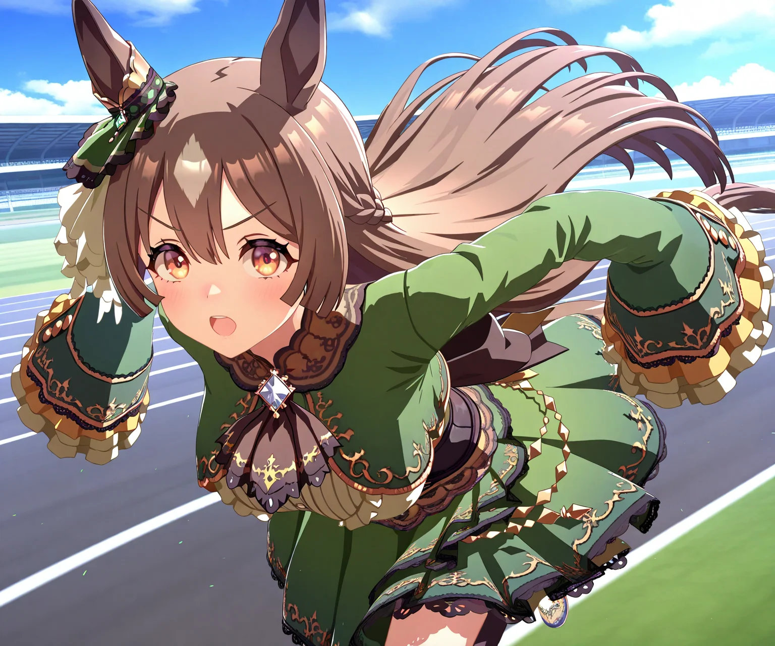 masterpiece, best quality, amazing quality, , 1girl, solo umamusume, racetrack, running, <lora:Satono Diamond in game style 3D:1> ummsmingame, 3d, satono diamond \(umamusume\), sleeves past fingers