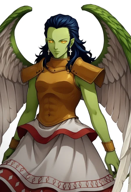 score_9, score_8_up, score_7_up, source_anime, 1girl, <lora:GabrielSMT-pdxl:1> gabySMT, long hair, green skin, yellow eyes, colored sclera, cross earrings, pointy ears, angel wings, armor, breastplate, pauldrons, wristband, dress <lora:zs_FE9PortraitsXL:1> fe9portraits, solo, cowboy shot, simple background