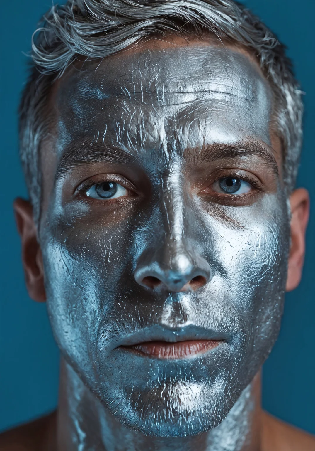 surreal photography, portrait, man, silver skin, blue background, high dynamic range, film photography, 23mm focal length, iso 100, f/2.8, Cinematic, (sharp details, high quality, 4k, intricate details, highly-detailed)