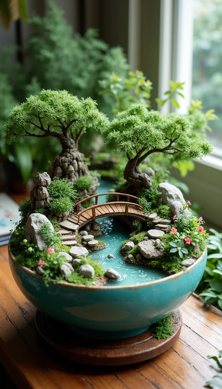 This is a professional photograph of a meticulously crafted miniature garden scene inside a large, round, teal ceramic bowl. The bowl is placed on a rustic wooden stand, which adds a natural, earthy texture. The garden features lush, green plants and small trees with delicate, leafy branches that create a serene, natural landscape. Two small, intricately designed wooden bridges span a narrow, winding stream that runs through the center of the bowl, adding a touch of whimsy and depth. The stream's water is a clear, blue-green, and its surface is gently rippling, indicating a small, continuous flow.
Surrounding the stream are smooth, gray rocks, some with moss, and tiny, pink flowers adding vibrant color and texture. The background of the bowl includes a mix of larger rocks and more plants, enhancing the depth and realism of the miniature environment. The setting is illuminated by soft, natural light, likely from a nearby window, which creates a warm, inviting atmosphere. The overall style is a blend of realism and fantasy, with a focus on detail and natural elements, making the scene both captivating and tranquil.