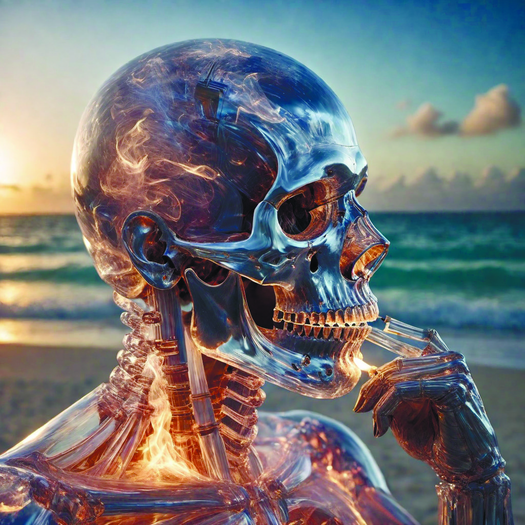 a glass skull smoking a perfect cuban cigar,varadero beach,cinematic photography,smoke rising like clouds,symmetrical,super resolution,cgi,volumetric lighting & shadows,hyper detailed,8k,engine,key photo by greg rutkowski,rossdraws,mandy jurgens <lora:add-detail-xl:1.6> <lora:crystalz-sdxl:0.7>