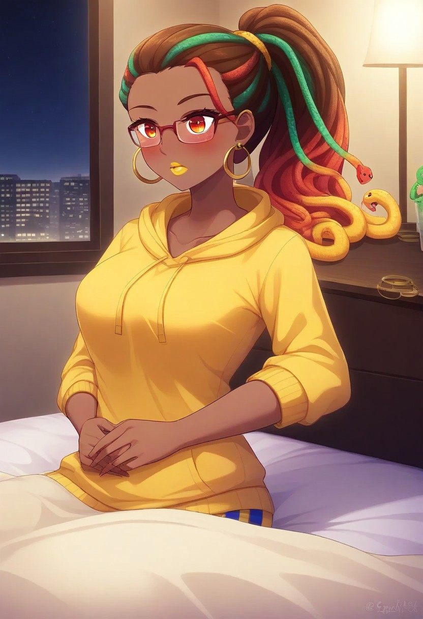 score_9, score_8_up, score_7_up, score_6_up, 1girl,  african american woman, amber eyes, dark brown skin, muscular woman, athletic woman, yellow lipstick Jiggawatt, Azarin, gold hoop earrings, gummy worm hair, gradient hair, sugar, multicolored hair, ponytail, 18yr old, blush, 
1girl, sweatpants, yellow hoodie, glasses on nightstand, sleeping, night time, indoors, bedroom, lying in bed, sleeping bag, sleeping, schlafsack, snake hair peeking out, lights out