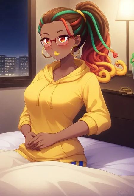 score_9, score_8_up, score_7_up, score_6_up, 1girl,  african american woman, amber eyes, dark brown skin, muscular woman, athletic woman, yellow lipstick Jiggawatt, Azarin, gold hoop earrings, gummy worm hair, gradient hair, sugar, multicolored hair, ponytail, 18yr old, blush, 
1girl, sweatpants, yellow hoodie, glasses on nightstand, sleeping, night time, indoors, bedroom, lying in bed, sleeping bag, sleeping, schlafsack, snake hair peeking out, lights out