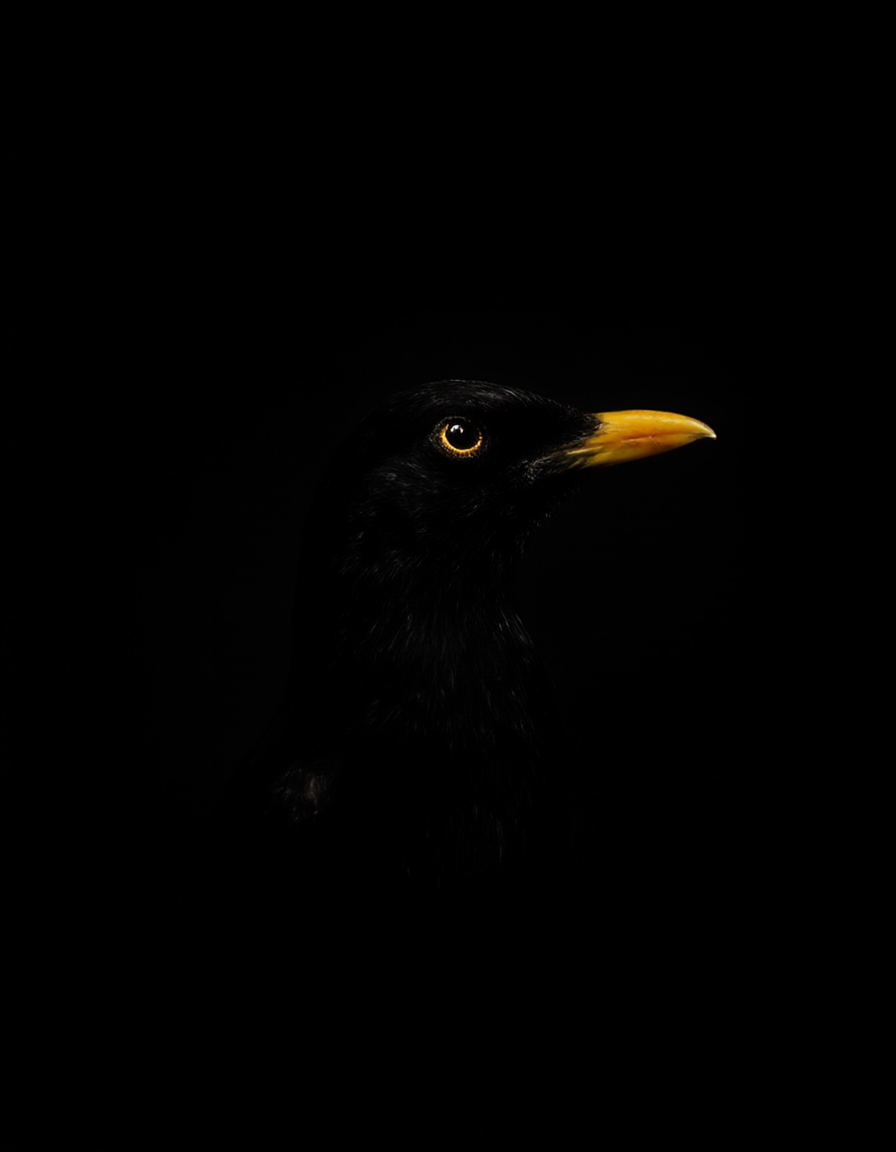 This image is a striking and minimalist portrait of a black bird, most likely a blackbird. The bird is positioned in profile, with only the head and a small portion of the neck visible against a completely black background, creating a dramatic and high-contrast composition. 
The bird's glossy black feathers blend seamlessly into the dark background, making them almost indistinguishable and emphasizing its bright, vivid features. Its eye is illuminated and sharply detailed, with a reflective glint that adds a sense of life and depth. The eye is surrounded by a thin golden-yellow ring, enhancing its prominence against the darkness.
The bird's beak is another focal point, standing out boldly in a bright yellow-orange hue. The beak is well-defined, with a smooth texture that contrasts with the soft, shadowed appearance of its feathers. Subtle highlights on the beak give it dimension and make it appear almost luminous against the dark void.
The overall atmosphere of the image is moody and mysterious, with its use of chiaroscuro lighting creating a sense of elegance and intrigue. The simplicity of the composition draws attention to the bird's details, showcasing its natural beauty in an artistic and minimalist way.