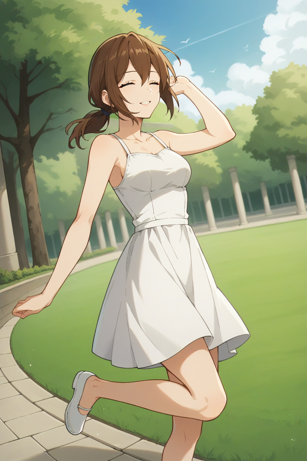 score_9, score_8_up, score_7_up, source_anime, 1girl, prefect lighting, very aesthetic, intricate details, highly detailed background, masterpiece, high quality, prefect hands, solo, best quality,
<lora:Yuriko_Hori_young_V1-000007:.75>, brown hair, medium hair, hair between eyes, closed eyes, brown eyes, low ponytail, straight hair,
White sundress, bare shoulders, 
jumping, in air, one leg up, smile, parted lips, dutch angle, from side, 
sunny, park, sidewalk, stone floor, grass, tree, cloudy sky, under shade, shade,
(Beautiful, medium Breasts:1.2), natural breasts,