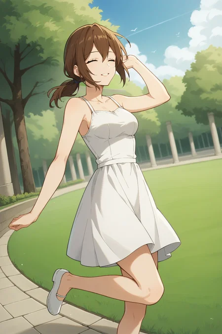 score_9, score_8_up, score_7_up, source_anime, 1girl, prefect lighting, very aesthetic, intricate details, highly detailed background, masterpiece, high quality, prefect hands, solo, best quality,
<lora:Yuriko_Hori_young_V1-000007:.75>, brown hair, medium hair, hair between eyes, closed eyes, brown eyes, low ponytail, straight hair,
White sundress, bare shoulders,
jumping, in air, one leg up, smile, parted lips, dutch angle, from side,
sunny, park, sidewalk, stone floor, grass, tree, cloudy sky, under shade, shade,
(Beautiful, medium Breasts:1.2), natural breasts,