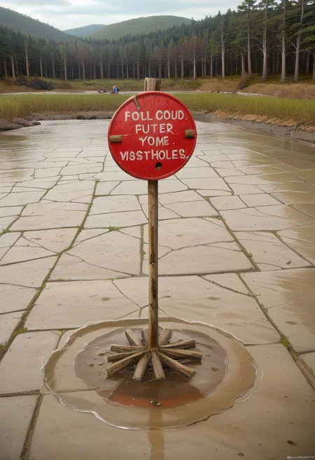 picturesque lake surrounded by a forest but is in a polluted dystopian landscape, in the foreground there is lake sign with the text" Croeso y llyn gellynoth. Oes yn y cont Iwan dewch"text:" <lora:text:.8>, human fecal matter on the floor in small piles, puddle of human waste with text"wow" <lora:text:.8>, written in it. wasteland, <lora:falloutlandsdxl:0.8>,  mushroom cloud in background