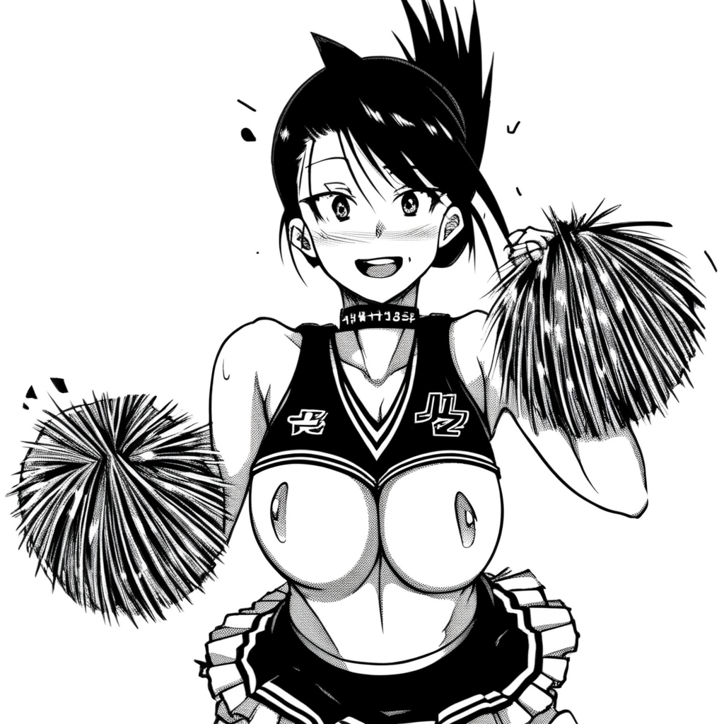 OgataChiz, 1girl, black hair, large breasts, folded ponytail, cheerleader, pom poms