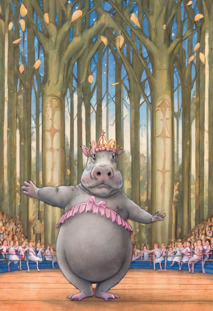 a painting of a hippo ballerina on stage for a performance in the style of david-wiesner