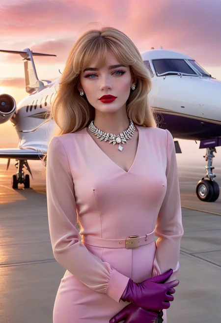 James Bond 007 style, foggy airport runway at dawn, award-winning film still of 4ng3l face egirlmakeup young skinny woman in front of luxury private jet, full body, colorful sexy outfit, skinny, high heels, long thin legs, freckled pale skin, blunt bangs, very long shiny blonde hair down front, glossy red lipstick, delicate feminine features, driving gloves, sparkling diamond necklace, blushing pink cheeks, purple pink orange fog clouds, epic, 8k, highly detailed, interesting and captivating