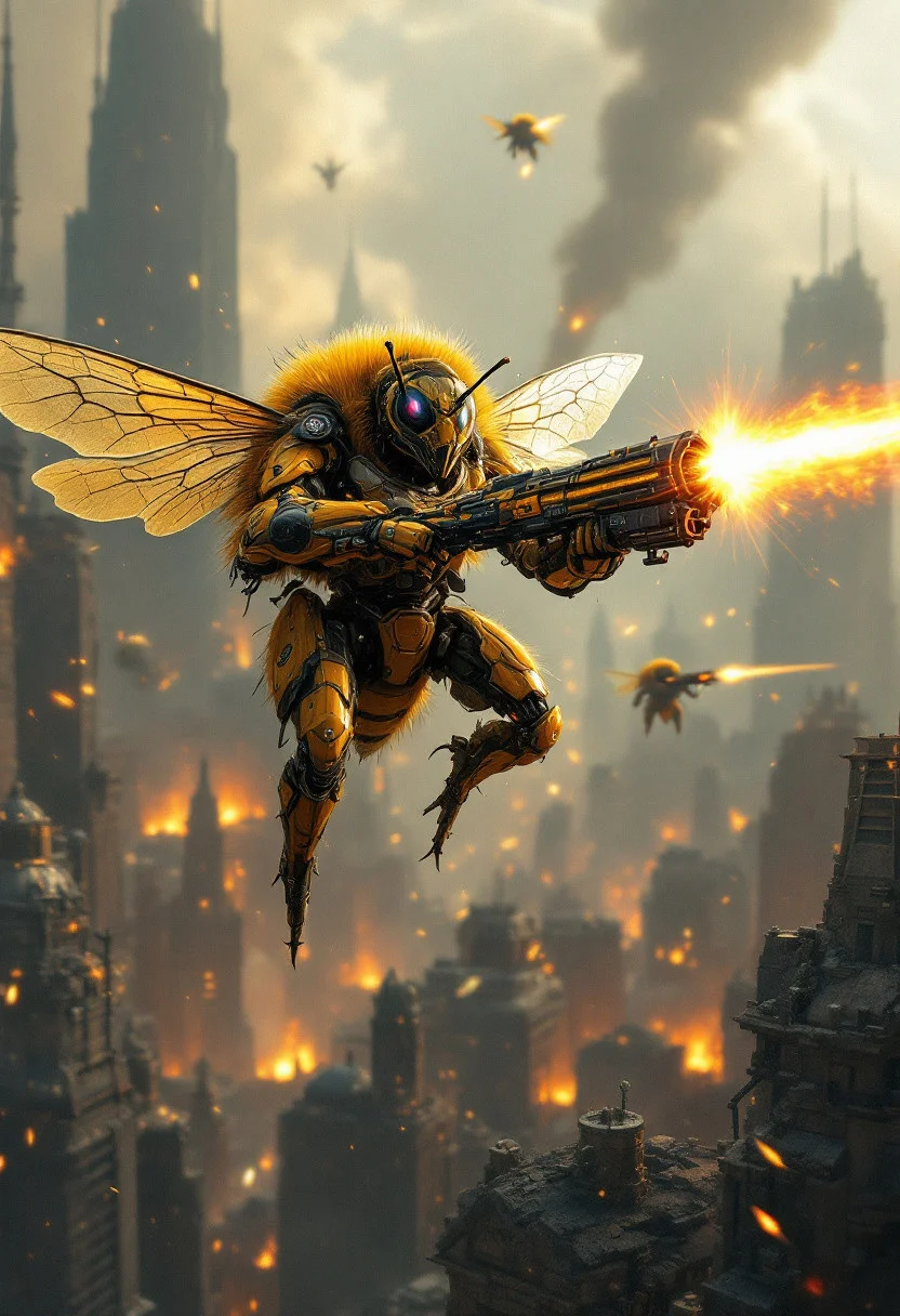 A city is overrun by an invading army of warrior space bees. A galactic space bee equipped with laser weapons is focused in view, firing a fantastic laser weapon. Space bees are vicious people of war, ridiculous in look and power.