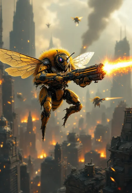 A city is overrun by an invading army of warrior space bees. A galactic space bee equipped with laser weapons is focused in view, firing a fantastic laser weapon. Space bees are vicious people of war, ridiculous in look and power.