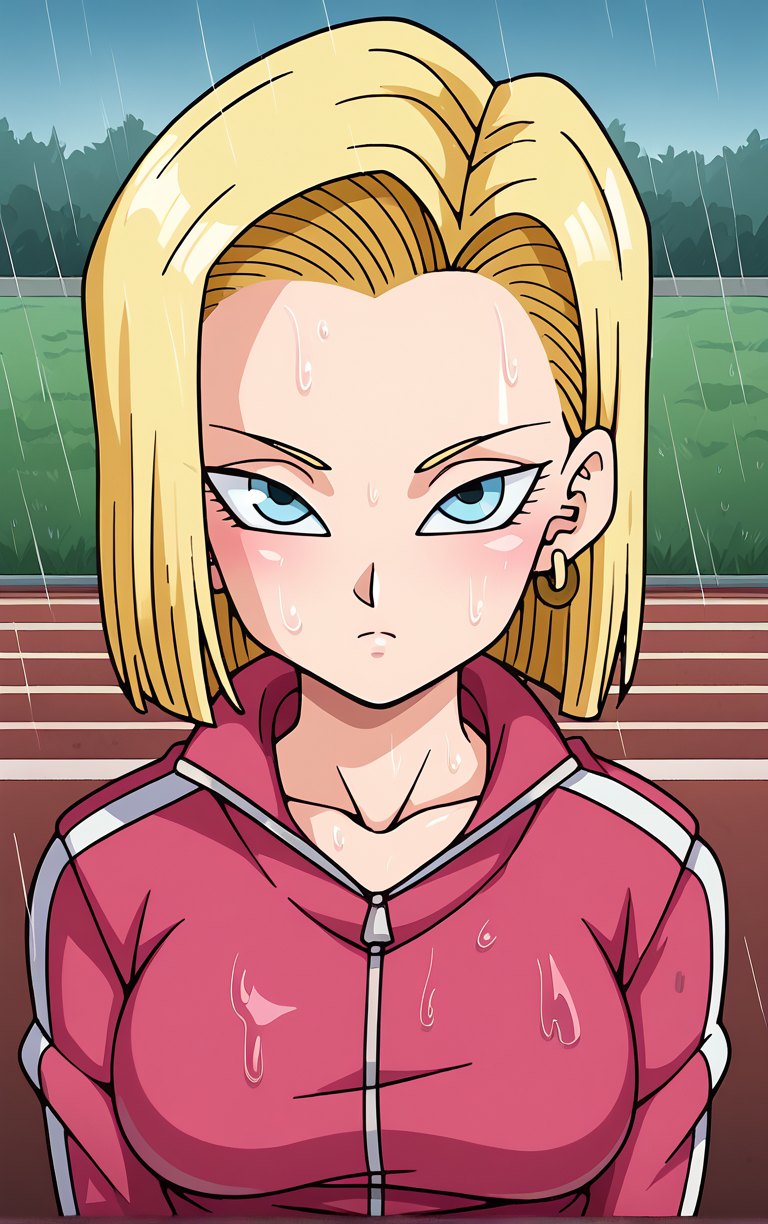 score_9, score_8_up, score_7_up, BREAK
TrackSuit_Android18_ownwaifu, android 18, 
1girl, blonde hair, blue eyes, eyelashes, forehead, short hair, earrings, jewelry, breasts, collarbone, 
pink jacket, pink pants, track suit, track jacket, track pants, long sleeves, pants, zipper,
looking up, portrait, rain, wet, wet clothes, closed mouth, sad, outdoors, <lora:PONYXL_DragonBall_Android18_ownwaifu:0.75>, solo,