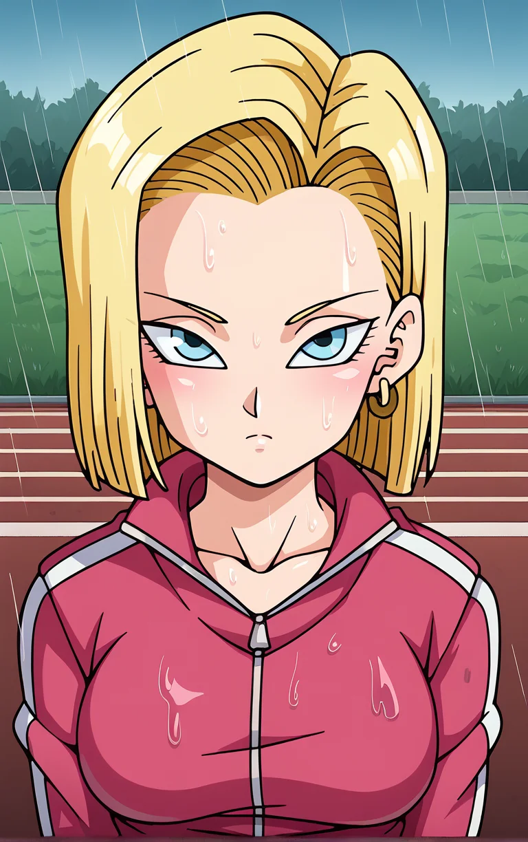 score_9, score_8_up, score_7_up, BREAK
TrackSuit_Android18_ownwaifu, android 18,
1girl, blonde hair, blue eyes, eyelashes, forehead, short hair, earrings, jewelry, breasts, collarbone,
pink jacket, pink pants, track suit, track jacket, track pants, long sleeves, pants, zipper,
looking up, portrait, rain, wet, wet clothes, closed mouth, sad, outdoors, <lora:PONYXL_DragonBall_Android18_ownwaifu:0.75>, solo,