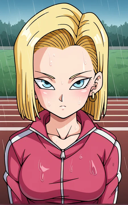 score_9, score_8_up, score_7_up, BREAK
TrackSuit_Android18_ownwaifu, android 18,
1girl, blonde hair, blue eyes, eyelashes, forehead, short hair, earrings, jewelry, breasts, collarbone,
pink jacket, pink pants, track suit, track jacket, track pants, long sleeves, pants, zipper,
looking up, portrait, rain, wet, wet clothes, closed mouth, sad, outdoors, <lora:PONYXL_DragonBall_Android18_ownwaifu:0.75>, solo,