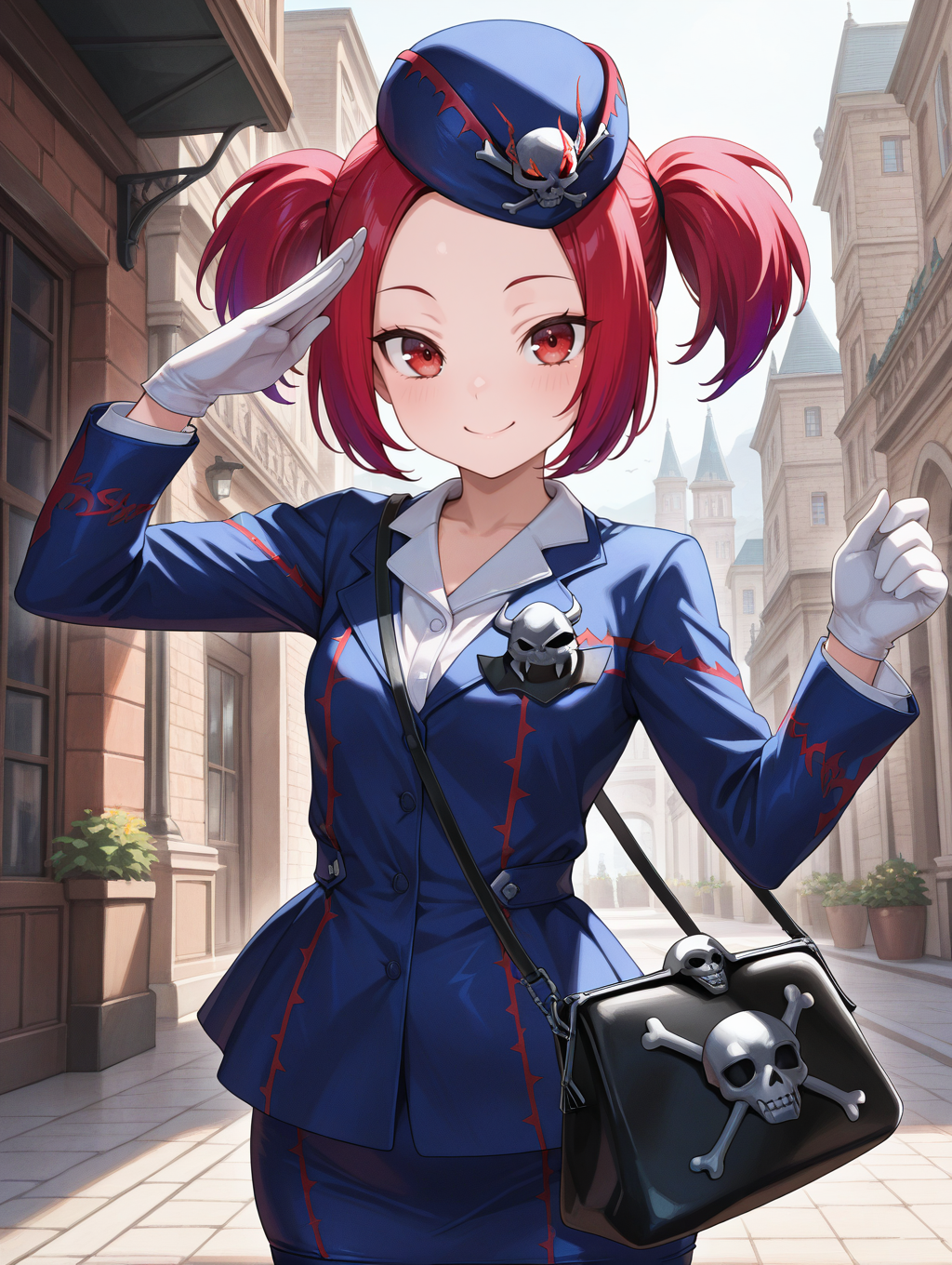 tour guide from the underworld, blue jacket, 1girl, solo, smile, white gloves, handbag, blue headwear, white shirt, salute, blue pencil skirt
masterpiece,best quality,amazing quality,very aesthetic,absurdres,newest,<lora:tour guide, beat cop, muckraker from the underworld EX illuXL v1:0.76>,