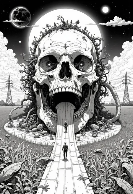 **(in Otomo Katsuhiro style:1.2), masterpiece, high-quality**, A large skull-like head rests on the ground, surrounded by long grasses. The skull is open at the mouth, with a long, thick tongue extending out and forming a surreal pathway that touches the earth. From the eye sockets, hard skull parts, and top of the head, vegetation grows, intertwining with the skull. Miniature humans walk and climb along the extended tongue, traveling in and out of the open mouth. The background is filled with exaggerated, surreal elements such as a glowing full moon with spirals of ancient energy, electric lines, electric posts, and enormous bicycle wheels. The entire scene is rendered in monochrome with intricate, fine details, minimalistic yet dramatic lighting, and high-contrast shadows that amplify the surreal, haunting atmosphere. The full moon glows with an ancient, ethereal light, casting soft reflections over the skull and the surreal pathway.
**(elaborate fine details:1.1), (hyperdetailed:1.1), (intricate details:1.0), (refined details:1.1), (best quality:1.1), (high resolution:1.2)**, <lora:FLUX\artilands:0.6> <lora:FLUX\CPA:0.5>