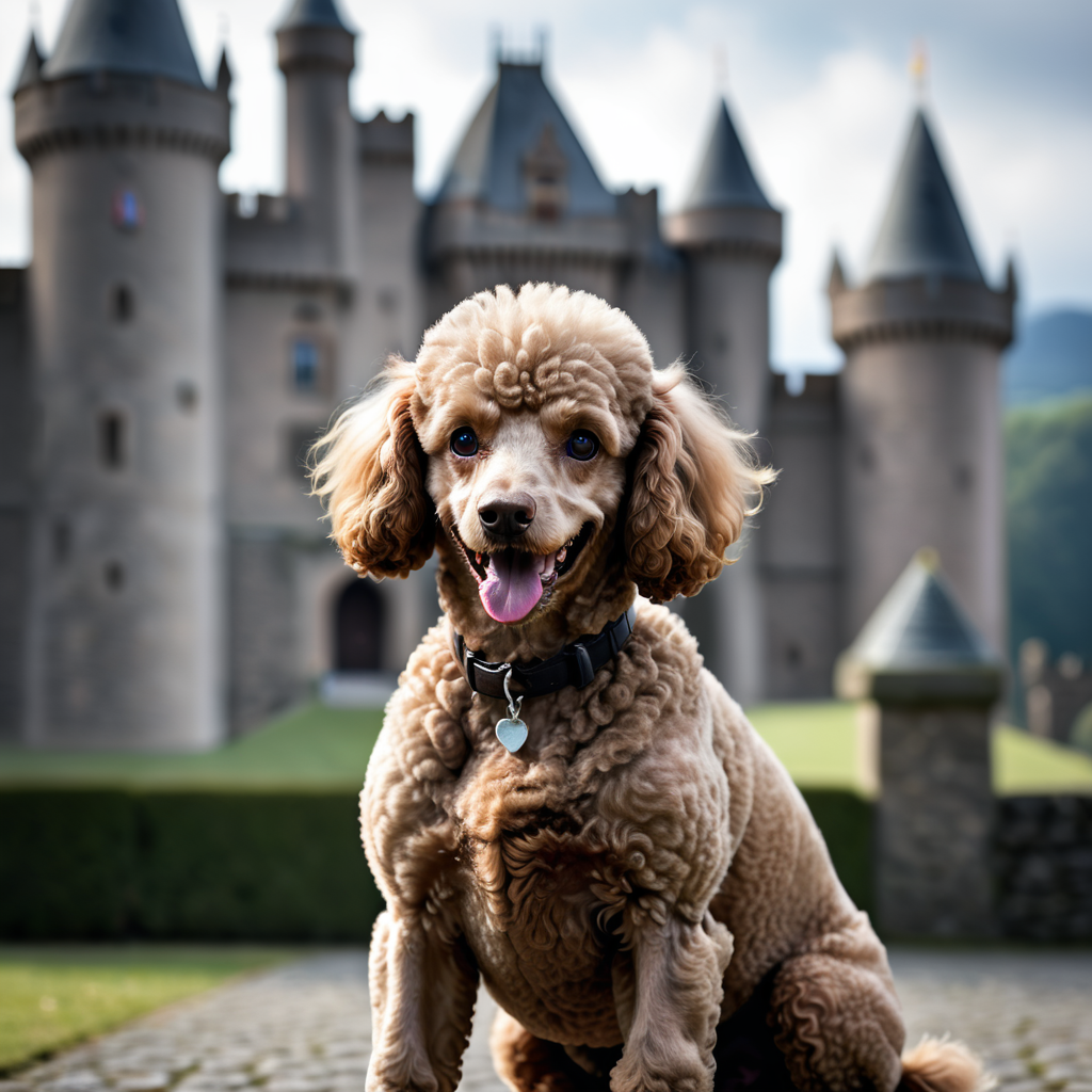Poodle,highres,smile,castle,portrait,blurry background,