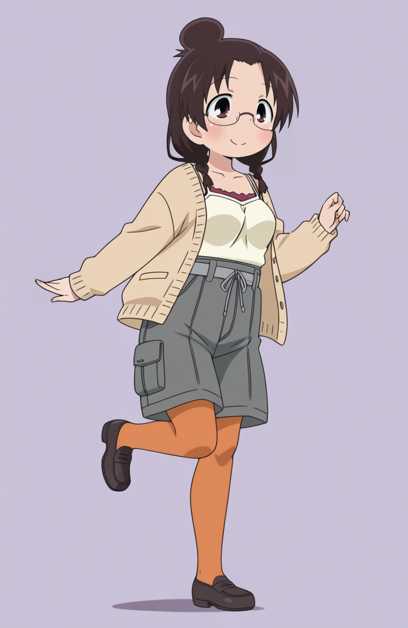 1girl, solo,
kuriyama aiko, semi-rimless eyewear, brown hair, low twin braids, topknot, medium breasts, brown furry cardigan, spaghetti straps, grey cargo shorts, orange high-waist pantyhose, black penny loafers, standing, skipping lightly, joyful smile, twinkling eyes, playful energy,
 <lora:Mitsudomoe:0.9> mitsudomoe, extremely detailed, highres, masterpiece, best quality