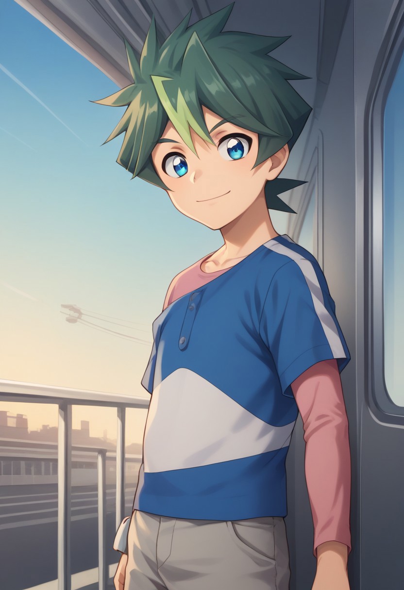 score_9, score_8_up, score_7_up, source_anime, highly detailed, 
shin, 1boy, male focus, solo, green hair, shorts, upper body, blue eyes, smile,
multicolored hair, shirt, pink shirt, long sleeves, blue shirt, stripes, short sleeves, standing, looking at viewer, grey shorts, spiked hair, upper body,
outdoor, train, sky, shinkansen