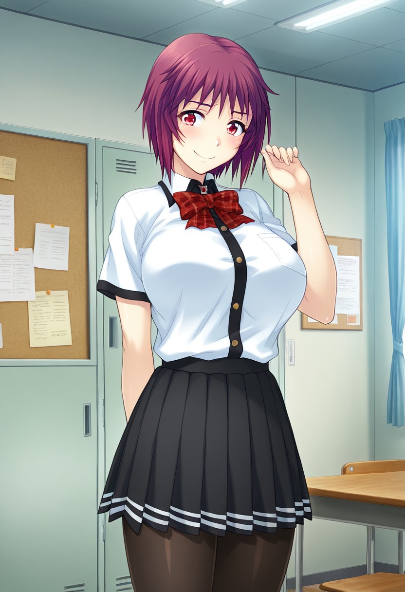 score_9,score_8_up,score_7_up,source_anime,5_figner,2d_animation,game cg,BREAK,1girl,solo,
Kushimi Inaho,short hair, red eyes,purple hair,spiky bangs
school shirt, short sleeves, black pleated skirt,black pantyhose,plaid bow,
school,class room,locker,window,indoor,curtain,bulletin board,
smile,cowboyshot,standing,blush,
masterpiece,best qualit,ultra-detailed,illustration,an extremely delicate and beautiful,beautiful detailed eyes,unity 8k wallpaper,high resolution,anime CG,official_art,