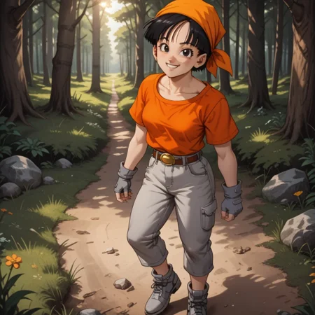score_9, score_8, BREAK, solo, Pan_(Dragon_Ball_GT), 1girl, black hair, adorable face, cute face, black eyes, cute eyes, orange bandana, short sleeves, red crop top, grey jeans, grey fingerless gloves, grey shoes, self portrait, smile, looking at viewer, outdoors, sunlight, shadows, evening lighting, natural lighting, forest, trees, grass, orange sky, sunset
