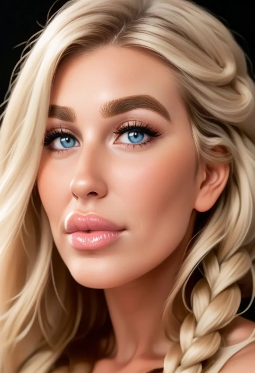score_9, score_8_up, score_7_up, rating_explicit, crisp image, clear image, realistic, highly detailed, portrait, black background,
woman, middle-aged woman, mature beautiful face, blonde hair, long hair, bangs, braid, thick eyebrows, light blue eyes, (huge lips, thick lips, puffy lips), (round jawline), hair behind ears, feminine, slim, fit, athletic body,
