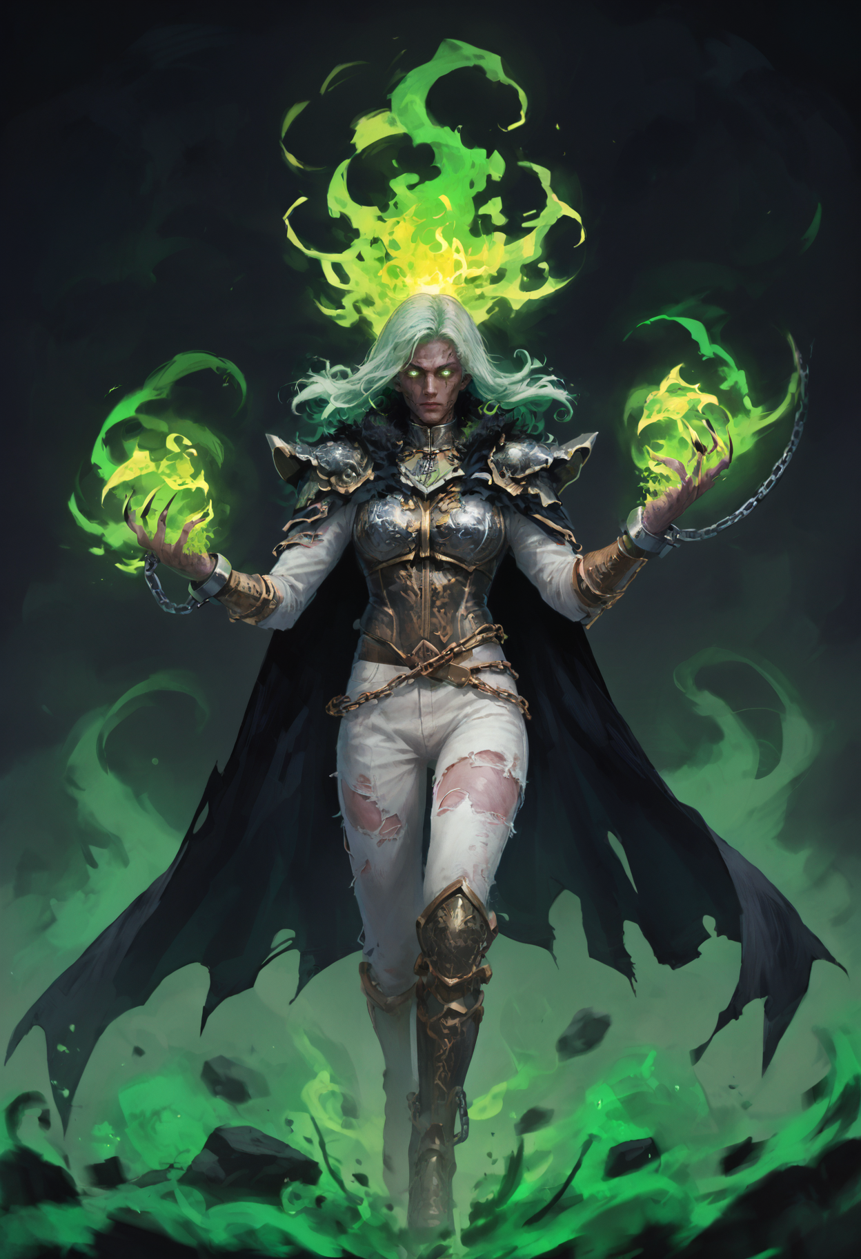 score_9, score_8_up, score_7_up, score_6_up, score_5_up, score_4_up,
<lora:FantasyPaintingsPonyXL:1> pa1nt1ng,
1girl, solo, long hair, looking at viewer, blue eyes, simple background, 1boy, holding, standing, full body, male focus, green hair, cape, armor, torn clothes, floating hair, colored skin, glowing, chain, black background, bug, butterfly, claws, cloak, glowing eyes, floating, walking, cuffs, ghost, blue skin, sharp fingernails, black cape, green skin, white eyes, no pupils, shackles, blank eyes, torn cape, fiery hair, spirit, torn, broken chain, green fire, torn cloak