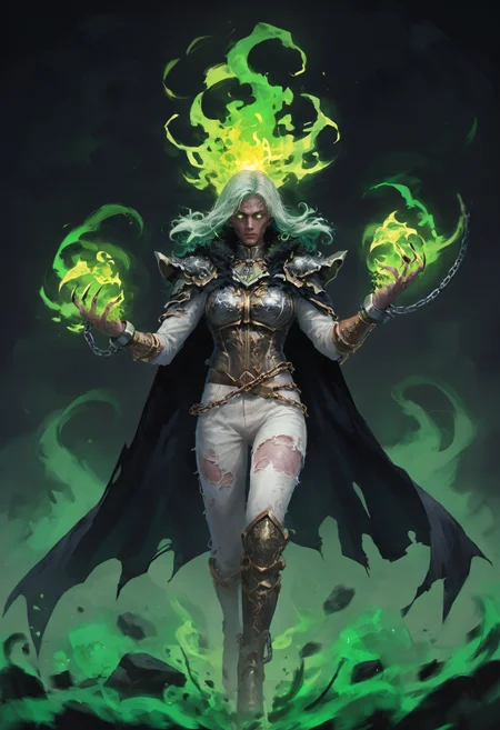 score_9, score_8_up, score_7_up, score_6_up, score_5_up, score_4_up,
<lora:FantasyPaintingsPonyXL:1> pa1nt1ng,
1girl, solo, long hair, looking at viewer, blue eyes, simple background, 1boy, holding, standing, full body, male focus, green hair, cape, armor, torn clothes, floating hair, colored skin, glowing, chain, black background, bug, butterfly, claws, cloak, glowing eyes, floating, walking, cuffs, ghost, blue skin, sharp fingernails, black cape, green skin, white eyes, no pupils, shackles, blank eyes, torn cape, fiery hair, spirit, torn, broken chain, green fire, torn cloak