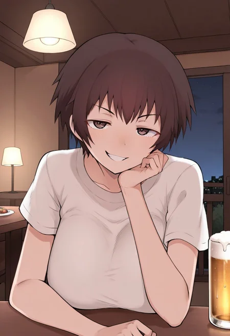 score_9,score_8_up,score_7_up,score_6_up,best quality,masterpiece, background is bar, hanging lamps, night, indoors, 1girl, solo, table, beer, alcohol,
BREAK
fdmterasu, tomboy, short hair, brown hair, brown eyes, large breasts, upper body, smug, looking at viewer, one hand on chin, one arm on table,