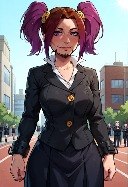 IllustriousQual, <lora:StS-Illustrious-Detail-Slider-v1.0:2> <lora:cfg_scale_boost:0.3> <lora:StS_Age_Slider_Illustrious_v1:3>,detailed_background,outdoors,marvel,short hair,solo,black jacket,skirt,gokugetsu academy uniform,closed mouth,hair ornament,1girl,cuffs,long sleeves,brown hair,solo focus,kaya rinha,buttons,highres,black skirt,gakuen idolmaster,wolverine \(x-men\),purple hair,x2 \(2003\),facial hair,twintails,looking at viewer,blue eyes,smile,x-men