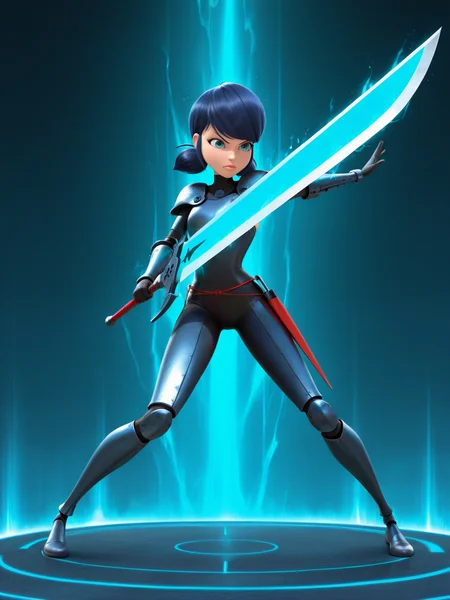 <lora:LedybugIL:1>  l_b, 1girl, fair skin,  black hair, shoulder-length hair with pigtails, light pink lips, blue eyes,
gigantic sword, steel armor,glowing liens, action, full body, glowing background