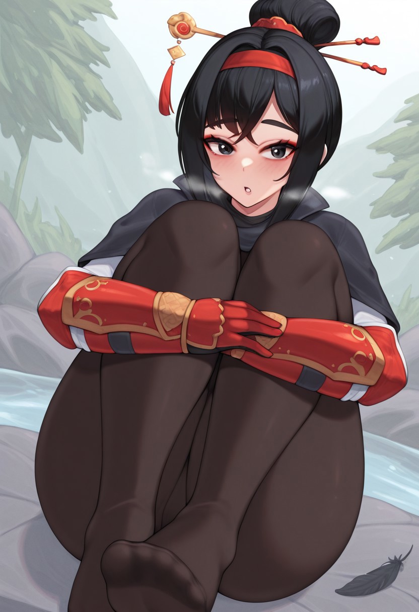 kuavera,  outdoors, undershirt, falling feathers, black bodysuit, hair stick, hugging knees, knees to chest, gauntlets, eyeshadow, red gloves, two sides up, black capelet, red hairband, black eyes, 1girl, solo, feet, visible breath, dynamic angle, foreshortening, smell, steam, onsen, water