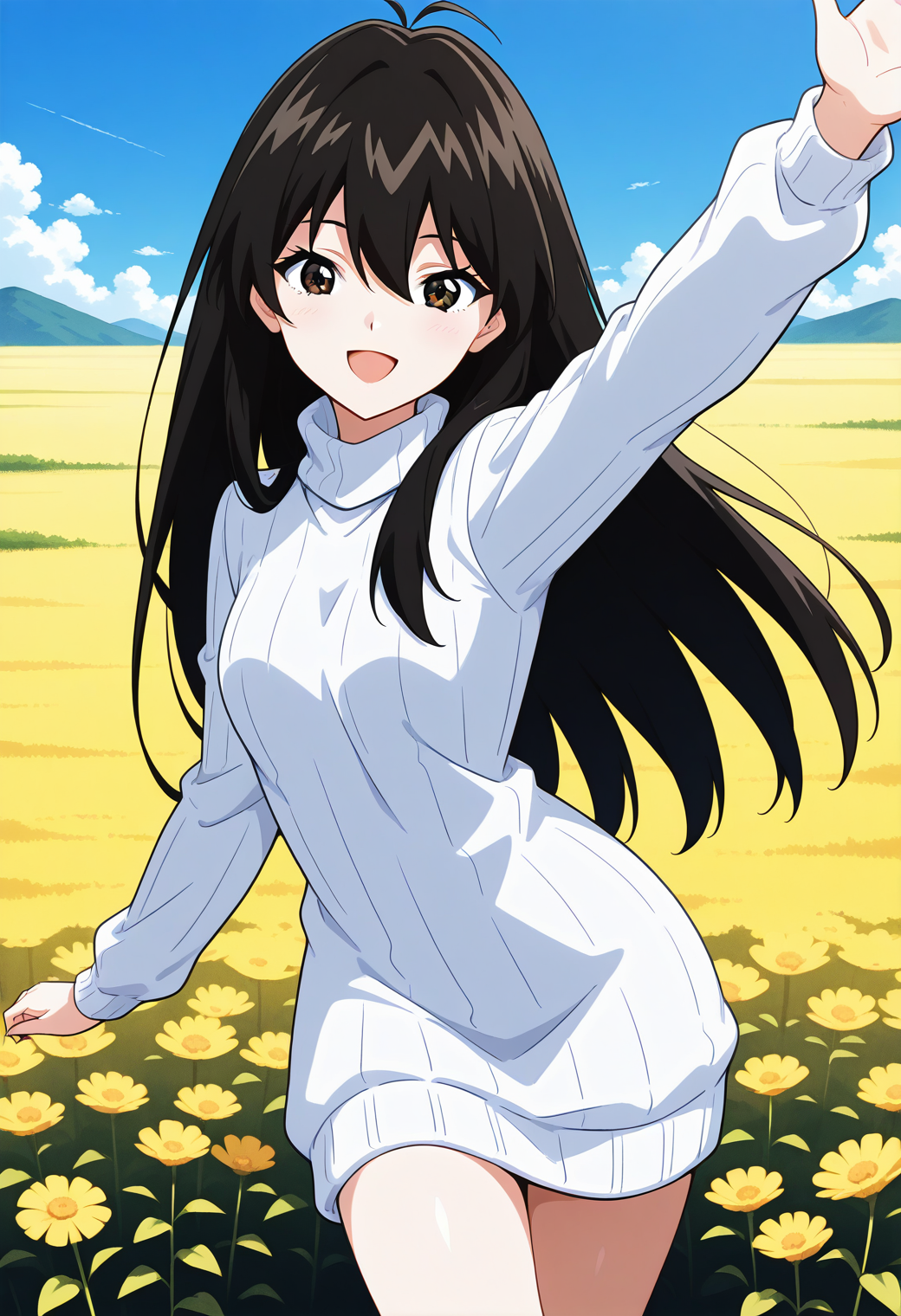 eretzvaju_setsuna, black eyes, black hair, long hair, sweater dress, ribbed sweater, white sweater, long sleeves, <lora:eretzvaju_setsuna_illustrious_ver1:0.8>
1girl, solo, (field:1.2), (blue sky:1.2), looking at viewer, smile, open mouth,, (cowboy shot, dynamic pose:1.4),, masterpiece, best quality, general,