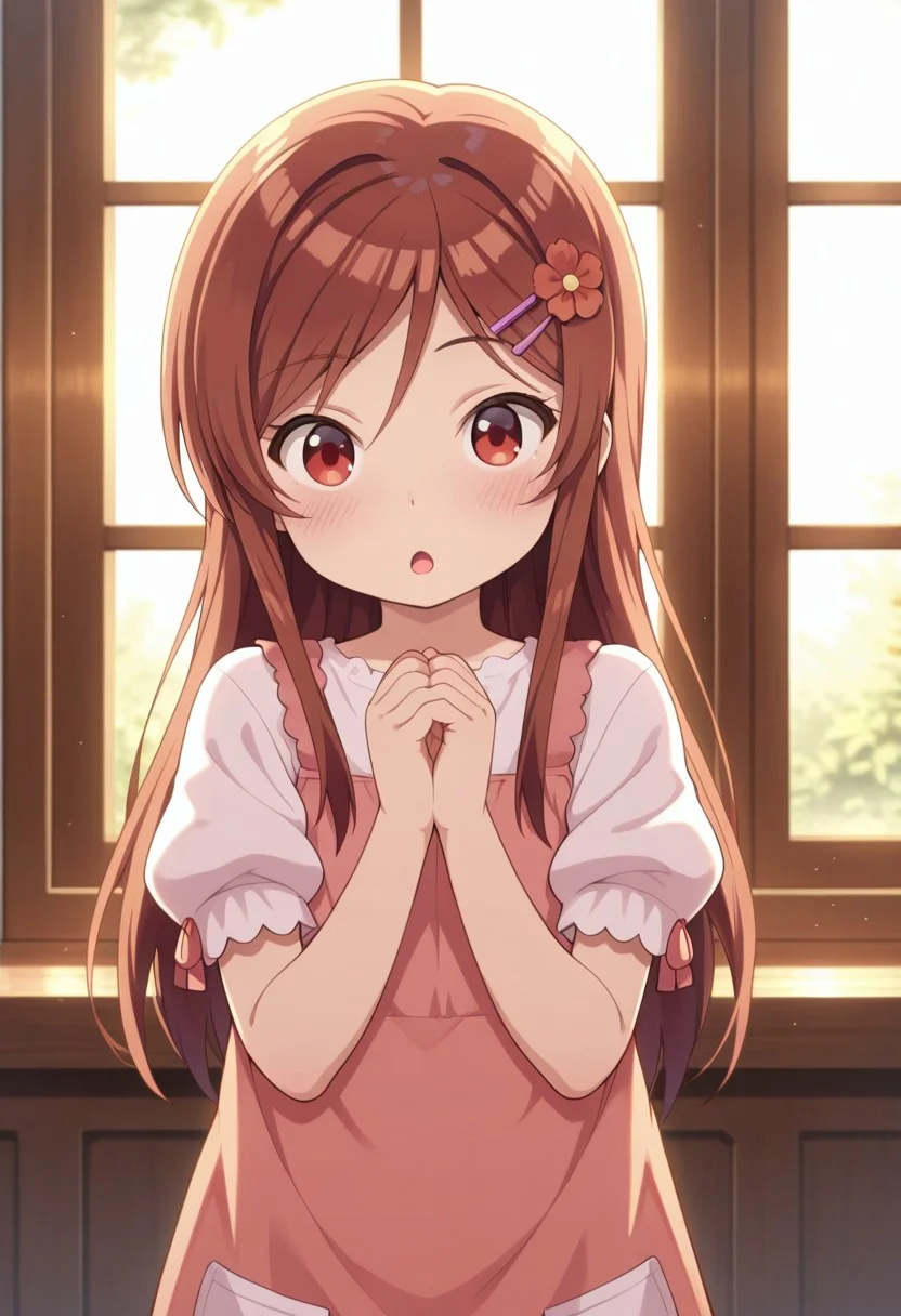 masterpiece,best quality,amazing quality, sakuramori akane, long hair, brown hair, red eyes, female child, child, 1girl, hair ornament, solo, hairclip, flower, hair flower, own hands together, blush, open mouth, :o, window