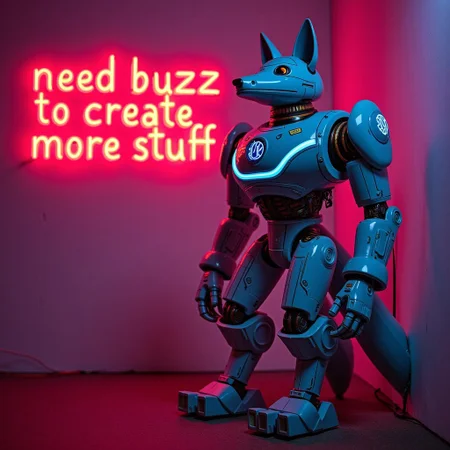 Mega Fox android standing, extremely detailed scenario with a vintage neon glowing sign written "need Buzz to create more stuff".