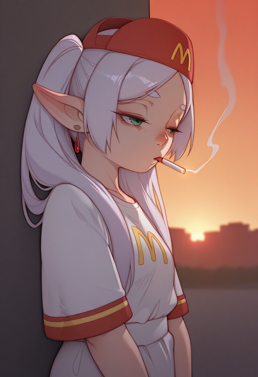 jybstyle,  masterpiece, best quality, solo,                                                                                  frieren, sousou no frieren, twintails, green eyes, mcdonalds attire cap, cigarette in mouth, depressed, eyes half closed, against a wall, sunset sky, outside,  mcdonalds background,