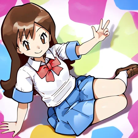 2d, masterpiece, best quality, amazing quality, highres, absurdres, newest, 1girl, solo, sitting, yokozuwari, from above, dutch angle, looking at viewer, multicolored background, simple background, colorful background, color splashes, lassrby, lass \(pokemon rby\), brown eyes, brown hair, long hair, bangs, white shirt, collared shirt, short sleeves, red bowtie, blue skirt, pleated skirt, miniskirt, white socks, kneehighs, loafers, brown footwear