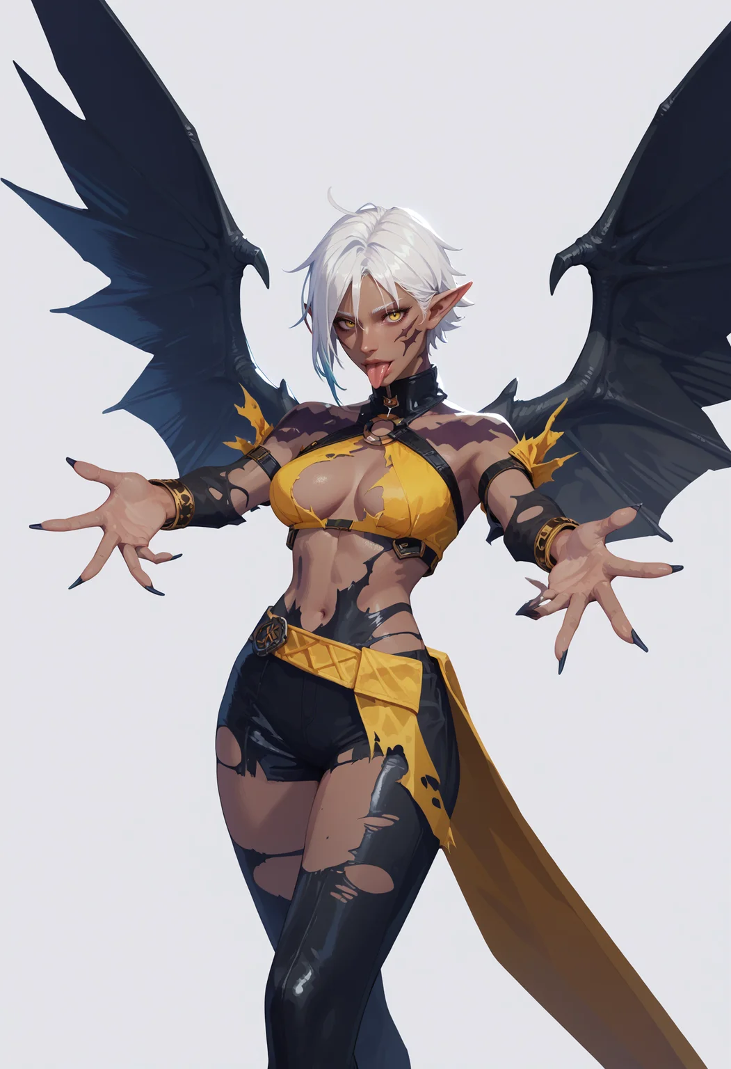 score_9, score_8_up, score_7_up, score_6_up, score_5_up, score_4_up,
<lora:CyberNova:1> cyb3rn0va,
wings, 1girl, looking at viewer, solo, outstretched arms, breasts, black skin, monster girl, torn clothes, colored skin, white hair, simple background, white background, yellow eyes, tongue, short hair, pointy ears, tongue out, spread arms