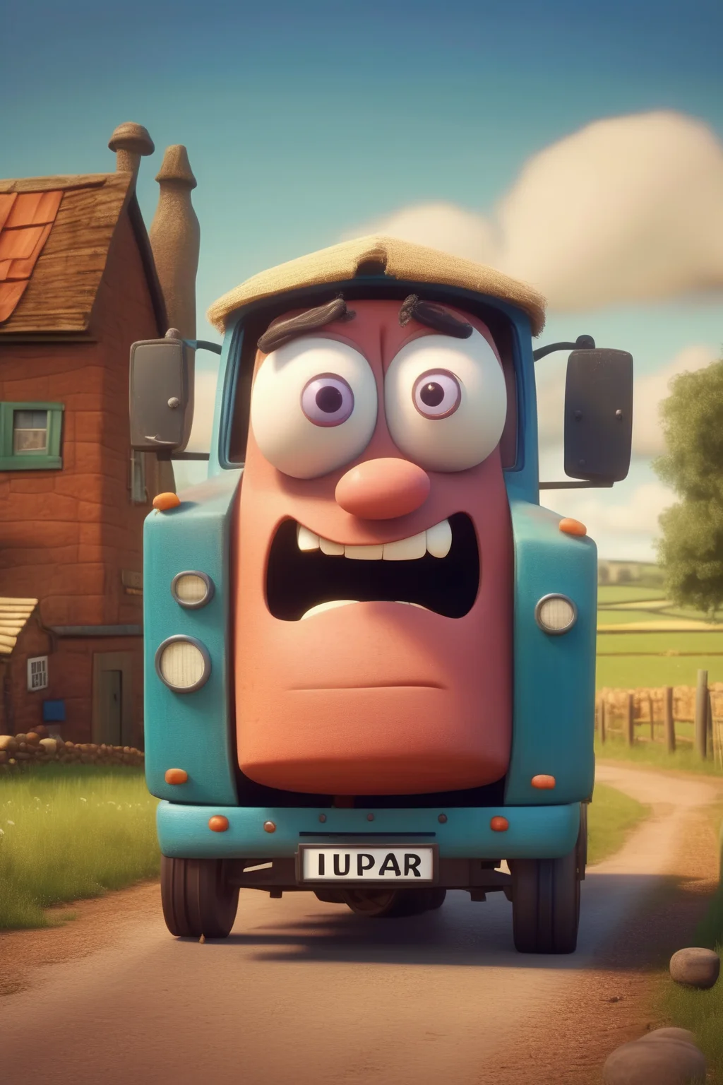 <lora:Aardman Animations Style:1>Aardman Animations Style - a farm lorry with a face in the pixar style. he should look a bit tired and hard doneby. pictured with an idylic UK rural background also in pixar style