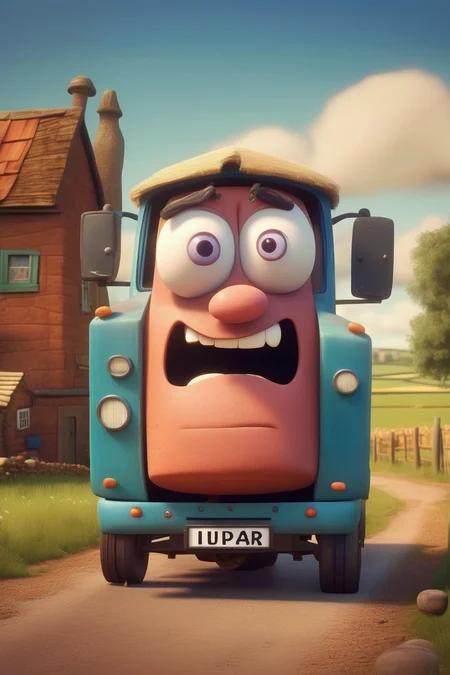 <lora:Aardman Animations Style:1>Aardman Animations Style - a farm lorry with a face in the pixar style. he should look a bit tired and hard doneby. pictured with an idylic UK rural background also in pixar style